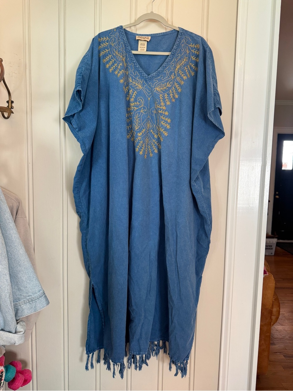 Blue Embroidered V-Neck Caftan Dress Plus Size Gold Cotton XL Embroidered